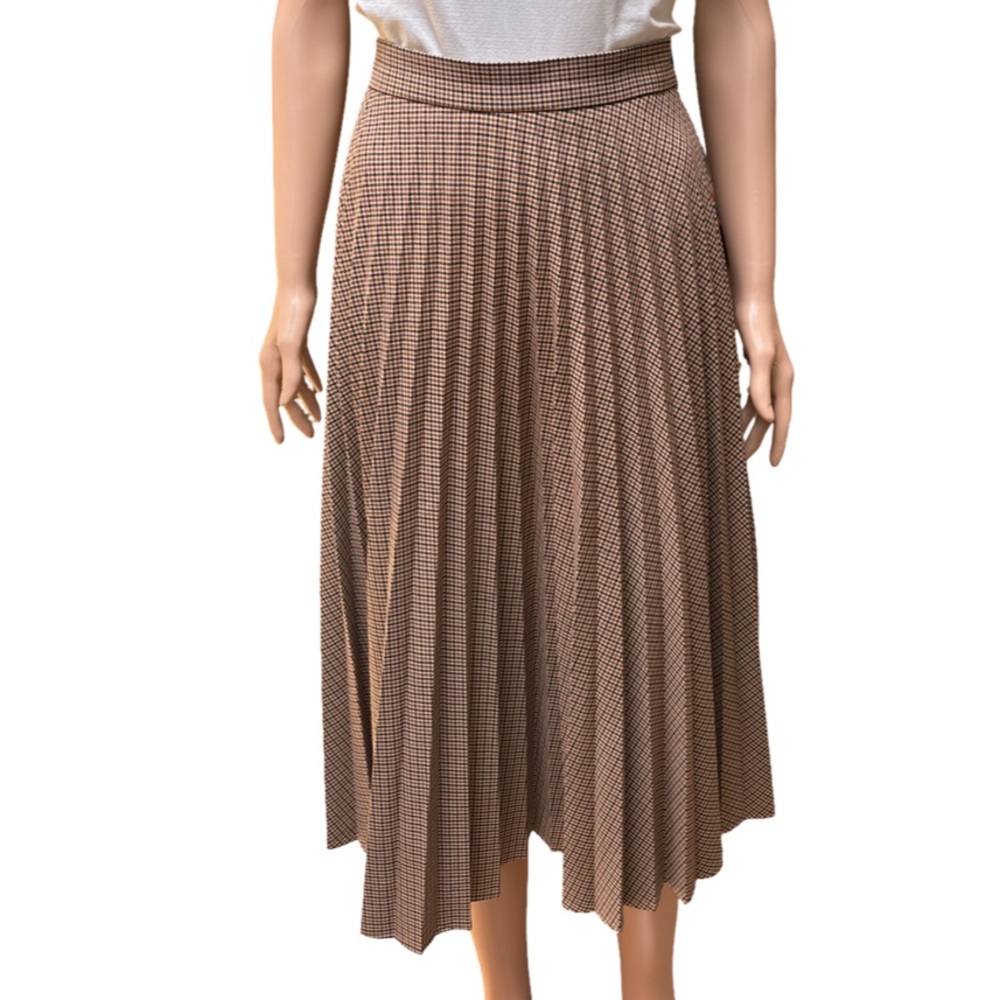 Zara Pleated Tan Houndstooth A-Line Skirt Medium